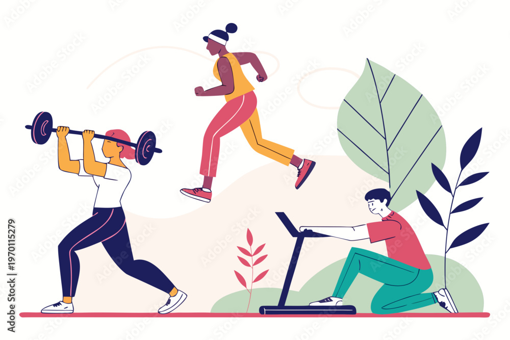 Fototapeta premium Flat vector people doing gym workout, fitness and healthy lifestyle illustration.