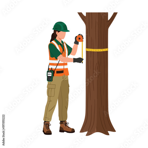 Forestry worker measuring tree circumference with a tape measure for environmental assessment