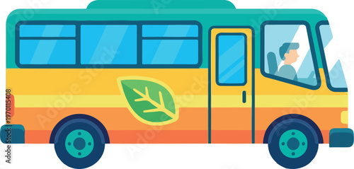 Eco friendly bus, green transportation, vector illustration, colorful vehicle, leaf logo