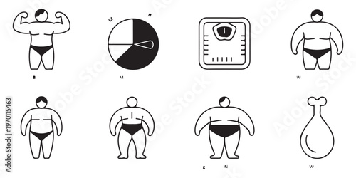 Body Type and Weight Management Line Icon Set for Health and Nutrition