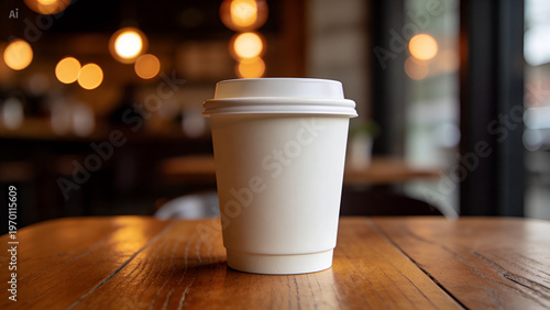 Coffee Cup on Wooden Table: A disposable coffee cup sits gracefully on a polished wooden table in a cafe, capturing a sense of comfort and a pause in the busyness of the day.