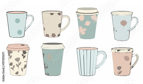 Trendy Scandinavian coffee and tea cups vector set with floral pattern mugs and modern paper go cups