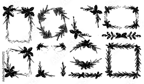 Christmas fir frame and garland vector set with realistic pine branches holly berries and winter border decorations