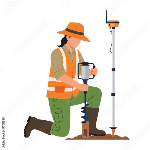 Surveyor conducting soil investigation with auger and GPS equipment