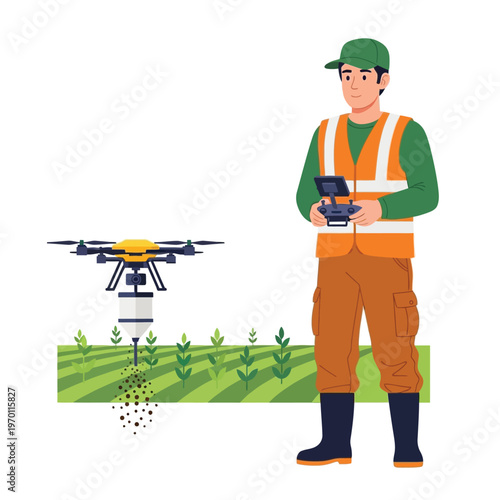 Farmer using a drone for crop spraying in a field, demonstrating modern agricultural technology