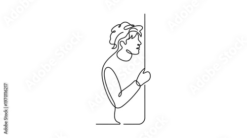 Curious Person Peeking Around Corner Minimalist Continuous Line Art Vector Illustration