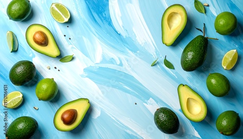 Composition of whole and sliced green fruit scattered on a textured blue background with hints of white and small black seeds