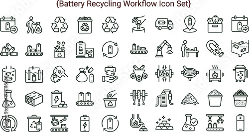 Battery recycling workflow outline icon set featuring material recovery processing logistics sustainability symbols for energy apps websites dashboards presentations interface design