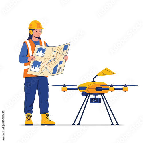 Female engineer in safety gear expertly managing a drone for advanced site surveying and detailed mapping, showcasing modern technological integration in industrial projects