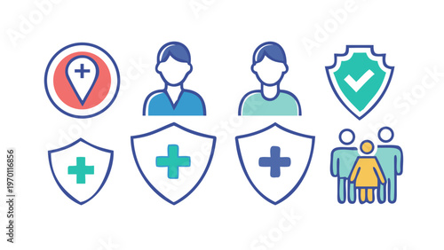 health care life insurance icon set people safety shield assurance vector with medicals cross sign illustration for web and app .vector icon
