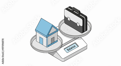 Conceptual Work-Life Balance Isometric Illustration of a House and Briefcase on a Weighing Scale, Symbolic of Career and Family Stability