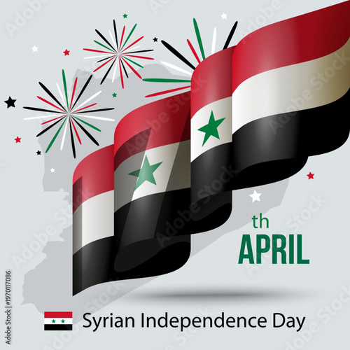 Syria Independence Day celebration banner with waving Syrian flag, fireworks and map silhouette on light background