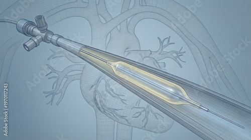 Medical illustration of a cardiac catheter with an angioplasty balloon inflating within a blood vessel near the heart