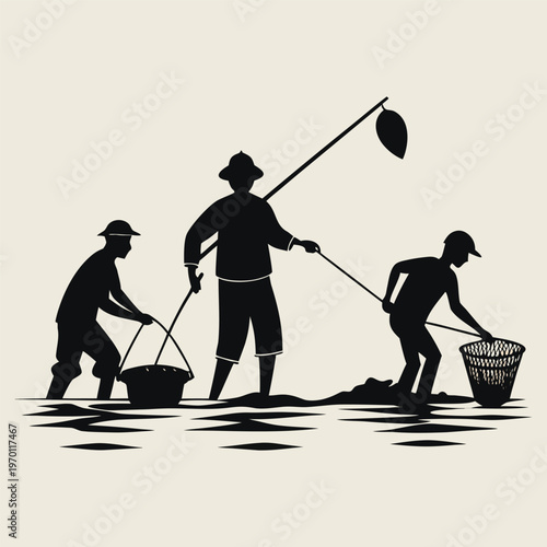 Fishing, fishermen, silhouette, black, illustration, vector, 3 men, nets, buckets, water, labor, fishing industry
