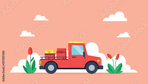 Flat Illustration Red Pickup Truck Delivery with Gift Box and Tulip Flower