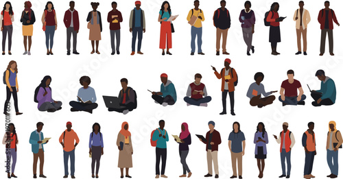 Diverse people characters collection with different poses outfits and activities, multicultural flat human figures set isolated on white background