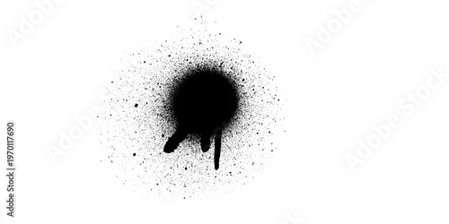 Foto A single dark black circular spray paint splatter with droplets running down the