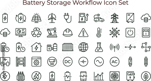 Battery storage workflow outline icon set featuring renewable energy monitoring grid infrastructure symbols for dashboards apps websites presentations interface design