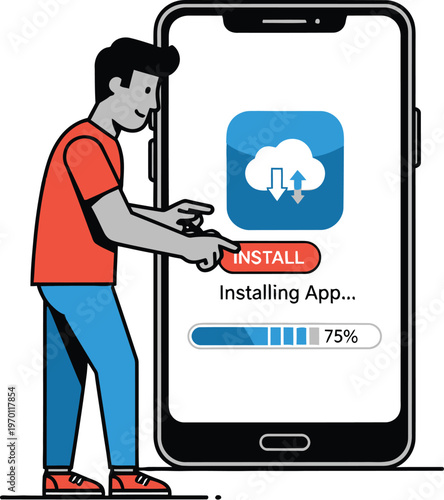 Person installing a cloud application on a large smartphone screen for remote.