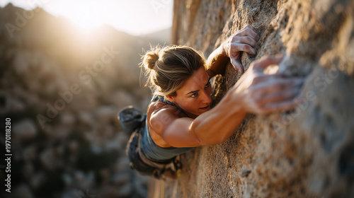 A professional female climber gripping a rock face, chalk dust visible on her hands, dramatic overhead sunlight creating harsh shadows, dynamic action shot, photorealistic, 8K reso