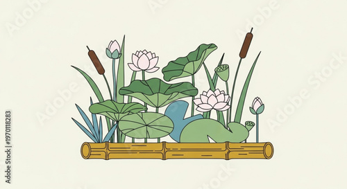 Serene bamboo garden planter with lush green lotus plants and cattails on a neutral background