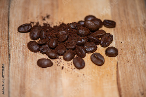Roasted coffee beans macro background with shallow depth of field