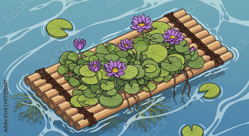 Floating bamboo raft with vibrant purple water lilies and green lily pads on serene blue pond water with ripples