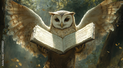 Enigmatic Owl with Open Book in a Serene Forest Setting
