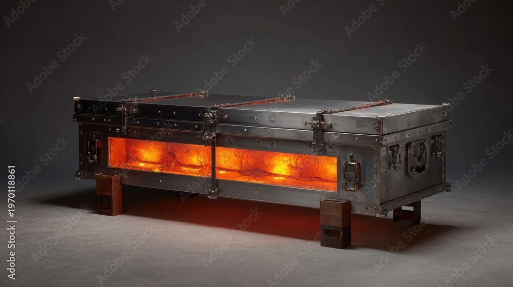 Obraz premium Polished Stainless Steel Fireproof Document Chest with Glowing Interior Illumination