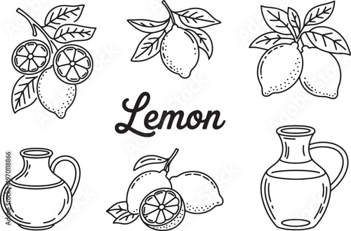Lemon icons and pitcher vector illustrations with fresh citrus fruits and beverage containers