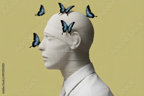 surreal conceptual portrait of a man with his head wrapped in white bandages and covered in black butterflies representing mental health and transformation