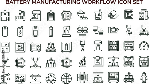 Battery manufacturing workflow outline icon set featuring production assembly automation quality control symbols for energy apps websites dashboards presentations interface design