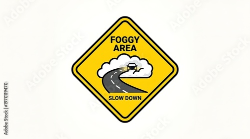 Yellow foggy road sign warning.