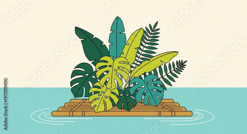 Tropical plants on a wooden raft floating on calm turquoise water with a beige background