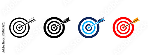 Target Goal Icon Set. Arrow in Bullseye Symbol for Business Success, Marketing Strategy, Achievement, Vector Line and Solid Icons