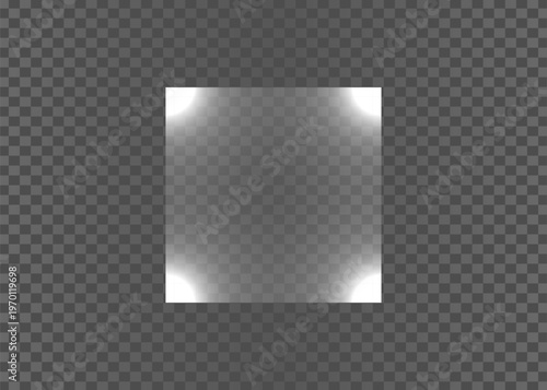 Square glass pane with bright corner light effects on checkerboard background