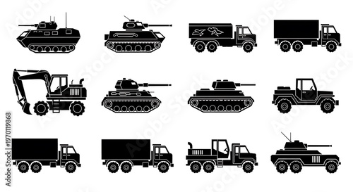 Military vehicles and heavy equipment.