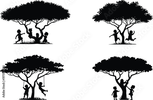 Children playing under trees silhouette, kids swinging, childhood joy, outdoor fun, nature scene, playful activity, family lifestyle illustration, happy summer