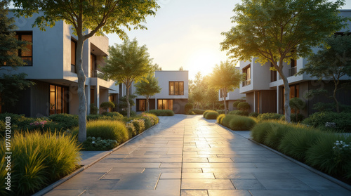 A serene modern residential complex at sunset with stone pathways, contemporary buildings, and lush greenery.