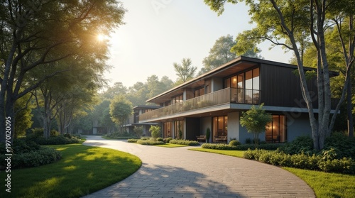 A modern luxury house with large windows and a curved driveway, set in a serene wooded landscape at sunset.