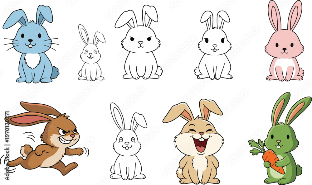 Naklejka premium Cute Bunny Character Collection with Different Styles Expressions and Poses Cartoon Illustration Set for Kids Design Projects