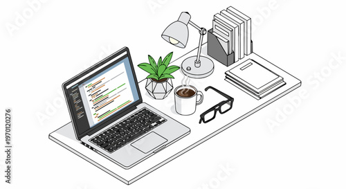 Modern Isometric Desk Setup for Programming and Remote Work featuring Laptop with Code, Coffee, Lamp, and Plant