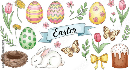 Watercolor Easter Collection with Bunny Eggs Flowers Butterfly Nest Cake and Ribbon Spring Holiday Illustration Set