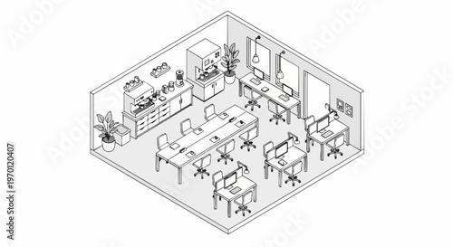 Isometric Modern Office Workspace Interior Line Art Illustration featuring Conference Table, Individual Desks, and Coffee Break Area