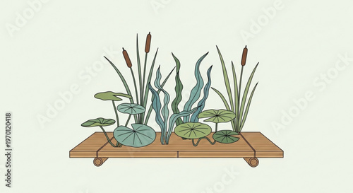 Wooden planter with lily pads and cattails on a light green background showcasing aquatic plants in a serene setting