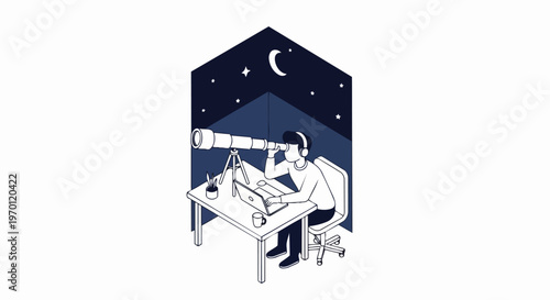 Vision and Strategy Concept Illustration with Man at Desk Looking Through Telescope into Starry Night Sky