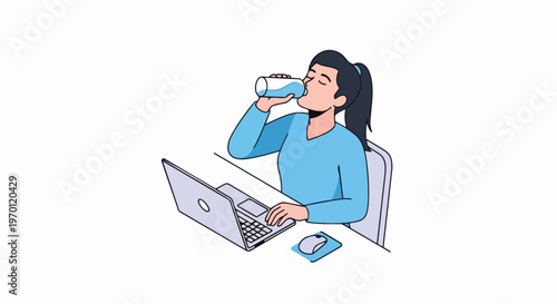 Young Woman Drinking Water While Working on Laptop at Desk, Illustration of Healthy Hydration Habits and Wellness in the Office or Remote Work Environment