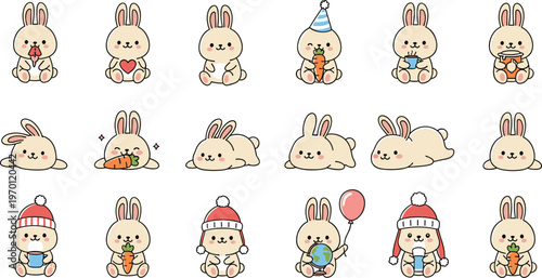 Cute Bunny Character Collection with Different Activities Party Hat Winter Outfit Balloon and Carrot Kawaii Cartoon Illustration Set