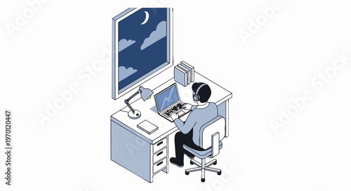 Isometric Vector Illustration of a Freelancer Working Late at Night, Man Analyzing Financial Growth Data on Laptop at Desk
