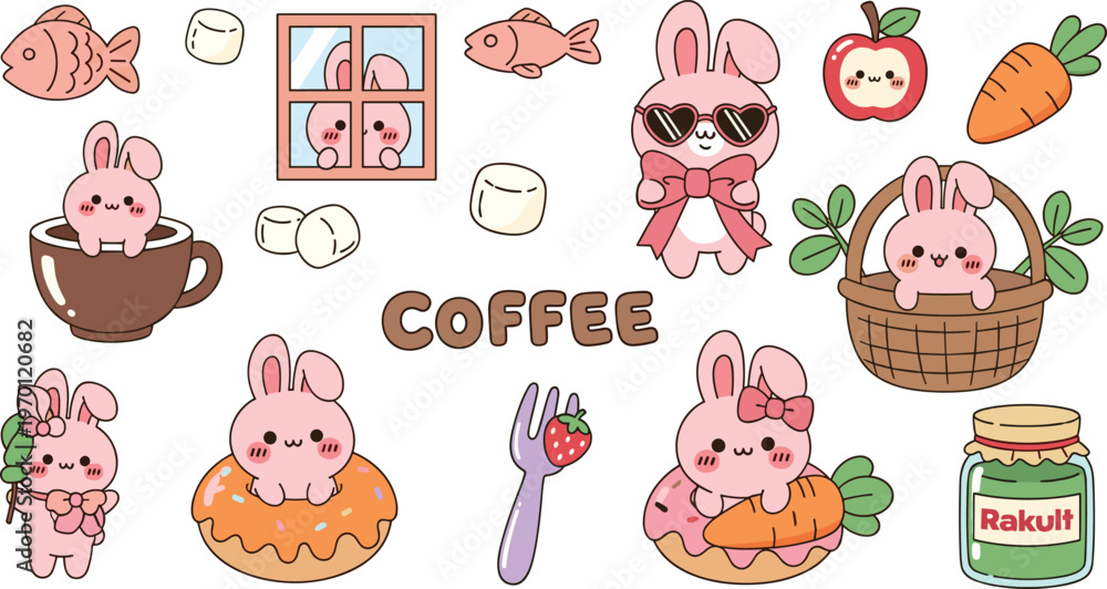 Obraz premium Cute Bunny Coffee Theme Collection with Cup Donut Fruits Basket and Cozy Elements Kawaii Cartoon Illustration Set for Cafe Design
